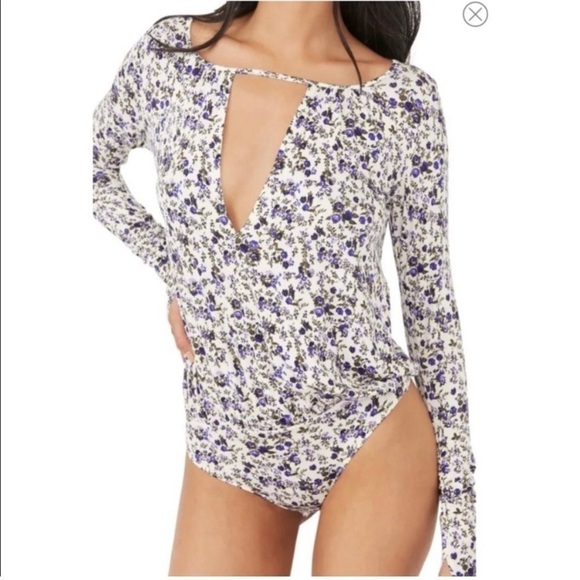 FREE PEOPLE Kaya Print Cutout Bodysuit in Ivory - Picture 1 of 8